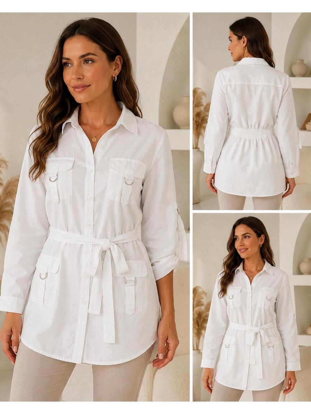 Pretty Good White Belted Utility Tunic Top Roll-Tab Sleeves D-Ring Pockets